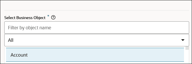 「ビジネス・オブジェクトの選択」セクションには、アカウント・ビジネス・オブジェクトが選択されていることが示されます。