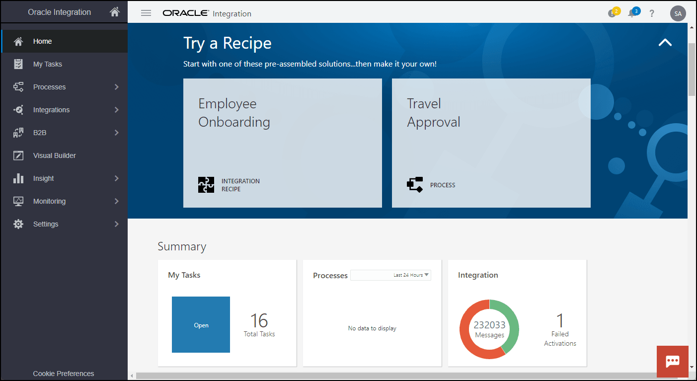 Oracle Integration Generation 2のスクリーンショット。右ペインの上部に「レシピを試す」というテキストが表示されています