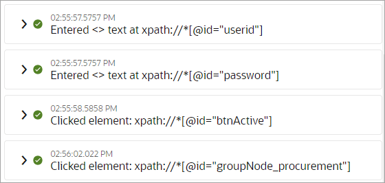 アクティビティ・ストリームには、いくつかのアクションが表示されます。 各アクションの先頭にある緑色のチェックマークは、ロボットが指示どおりにアクションを完了したことを示しています アクティビティ・ストリームには、いくつかのアクションが表示されます。 各アクションの先頭にある緑色のチェックマークは、ロボットが指示どおりにアクションを完了したことを示しています