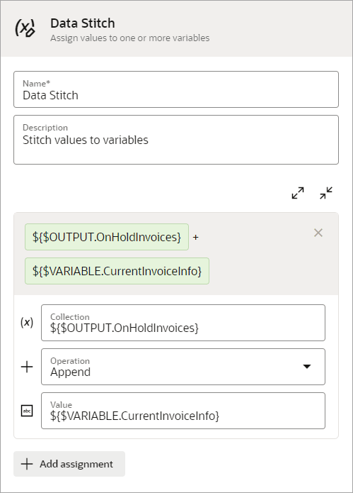 データ・ステッチ・パネルには、データ・ステッチに関する詳細が含まれます。 その内容については、このセクションのテキストで説明します。 