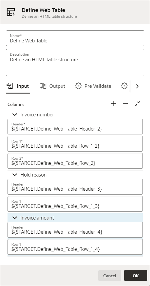 「Web表の定義」パネルは、表の3つの列を指定