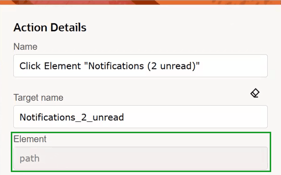 「処理詳細」パネルでは、要素のターゲット指定後に「要素」フィールドにパスが表示されます 「処理詳細」パネルでは、要素のターゲット指定後に「要素」フィールドにパスが表示されます
