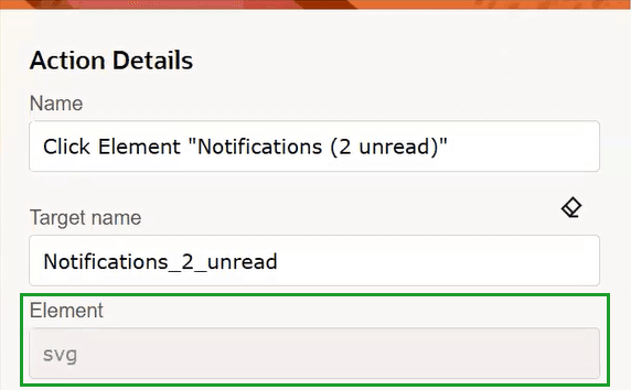 「処理詳細」パネルでは、エレメントのターゲット指定後に「エレメント」フィールドにsvgが表示されます 「処理詳細」パネルでは、エレメントのターゲット指定後に「エレメント」フィールドにsvgが表示されます