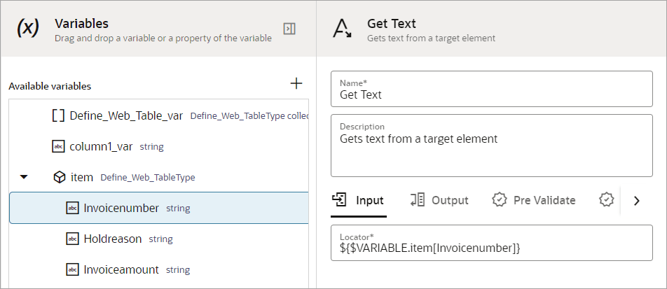 「テキストの取得」パネルの「入力」タブの「ロケータ」フィールドには、web表定義アクションで作成された変数のプロパティが含まれます