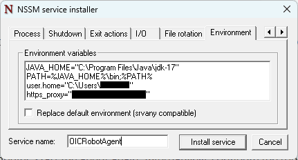 「環境」タブのサンプル値: JAVA_HOME="C:\Program Files\Java\jdk-17" PATH=%JAVA_HOME%\bin;%PATH% user.home="C:\Users\<hidden value>" https_proxy="<hidden value>"
