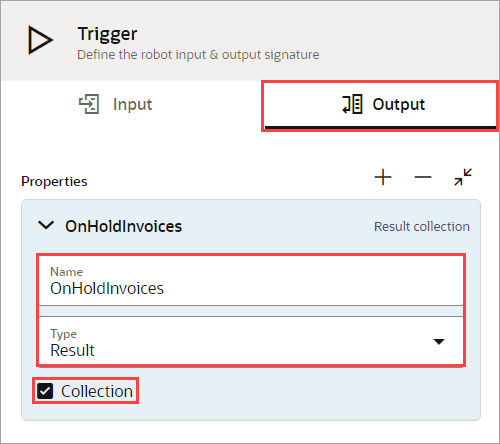 OnHoldInvoicesという名前の出力は、Resultデータ型であり、コレクションです