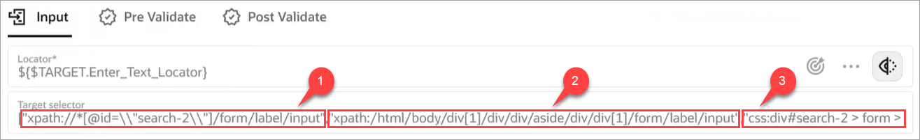 ロボットアクションの「Locator」フィールドと「Target」セレクタフィールドが表示されます。 「ターゲット・セレクタ」フィールドには3つのセレクタ値があり、その周囲にボックスがあり、数値(1、2および3)がそれらを指しています。 ロボットアクションの「Locator」フィールドと「Target」セレクタフィールドが表示されます。 「ターゲット・セレクタ」フィールドには3つのセレクタ値があり、その周囲にボックスがあり、数値(1、2および3)がそれらを指しています。