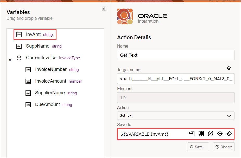 テキストの取得アクションの場合、「出力」タブの「保存先」の値は${$VARIABLE.InvAmt}です