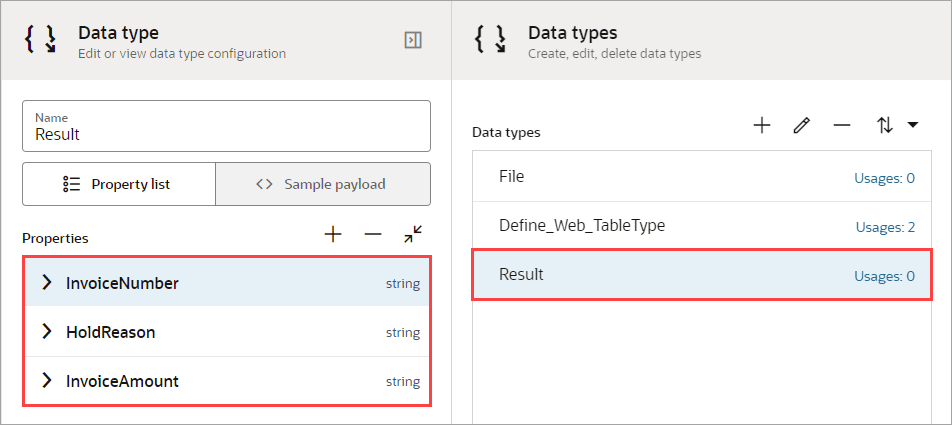 結果データ型には3つのプロパティがあります: InvoiceNumber、HoldReasonおよびInvoiceAmount