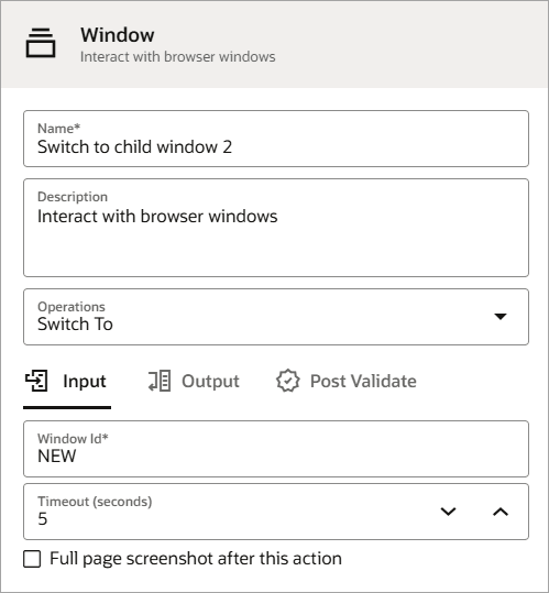 ウィンドウ・アクションを定義するためのダイアログが表示されます。 「名前」は「オープン」子ウィンドウ2です。 操作は「切替え先」です。 ウィンドウIDはNEWです。 タイムアウトは5です。 
