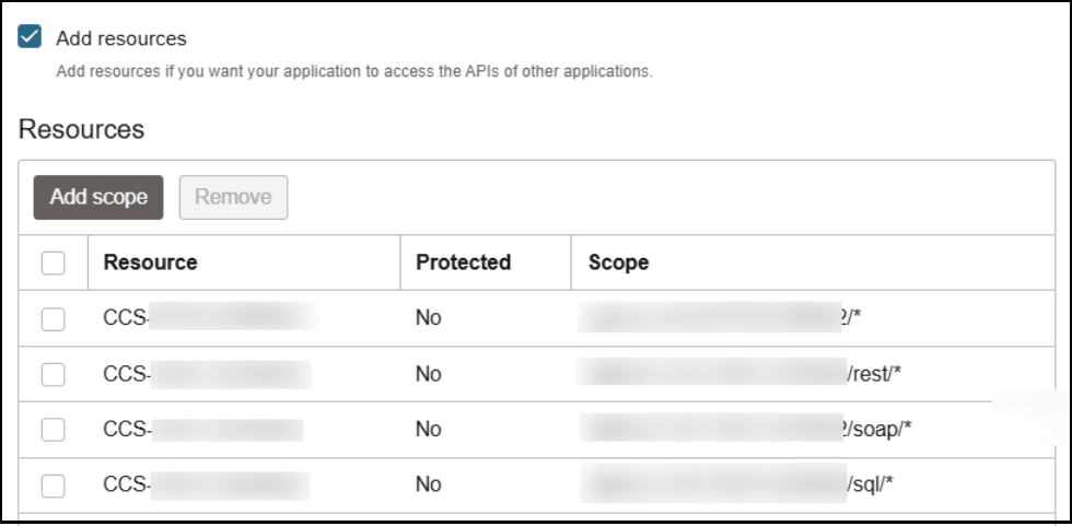 「リソースの追加」チェック・ボックスが上部に表示されます。 この下には「リソース」セクションがあり、「スコープの追加」および「削除」のボタンが含まれています。 この下には、「リソース」、「保護」および「スコープ」の列がある表があります。 「リソースの追加」チェック・ボックスが上部に表示されます。 この下には「リソース」セクションがあり、「スコープの追加」および「削除」のボタンが含まれています。 この下には、「リソース」、「保護」および「スコープ」の列がある表があります。
