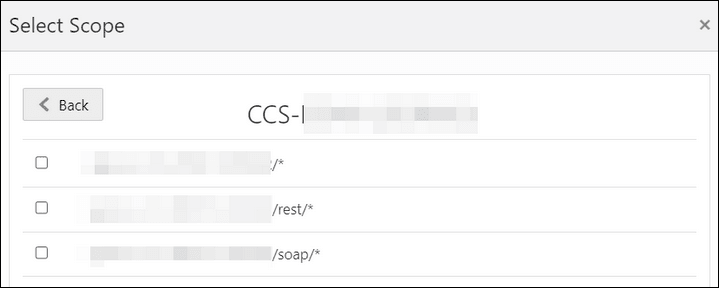 「選択範囲」ダイアログには、選択可能なスコープのチェックリストが表示されます。 戻るボタンも表示されます。 「選択範囲」ダイアログには、選択可能なスコープのチェックリストが表示されます。 戻るボタンも表示されます。