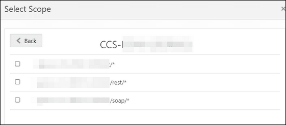 「選択範囲」ダイアログには、選択可能なスコープのチェックリストが表示されます。 戻るボタンも表示されます。 「選択範囲」ダイアログには、選択可能なスコープのチェックリストが表示されます。 戻るボタンも表示されます。