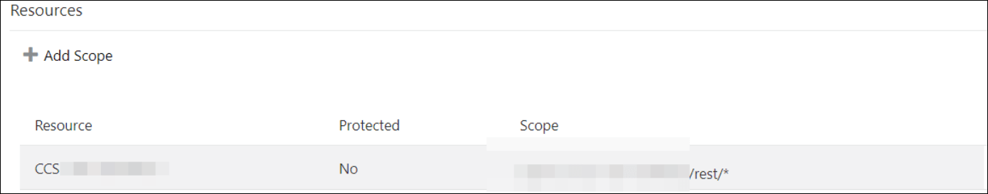 「リソース」ページにスコープの追加リンクが表示されます。 リソース、保護およびスコープのエントリを含む表を次に示します。 「リソース」ページにスコープの追加リンクが表示されます。 リソース、保護およびスコープのエントリを含む表を次に示します。