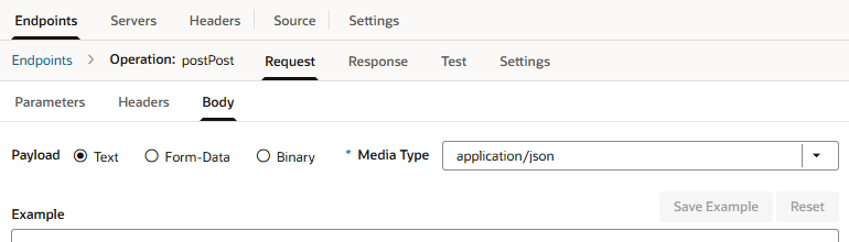 エンドポイント・エディタのリクエスト・タブの下の本文タブからのペイロード選択オプションを示すスクリーンショット エンドポイント・エディタのリクエスト・タブの下の本文タブからのペイロード選択オプションを示すスクリーンショット