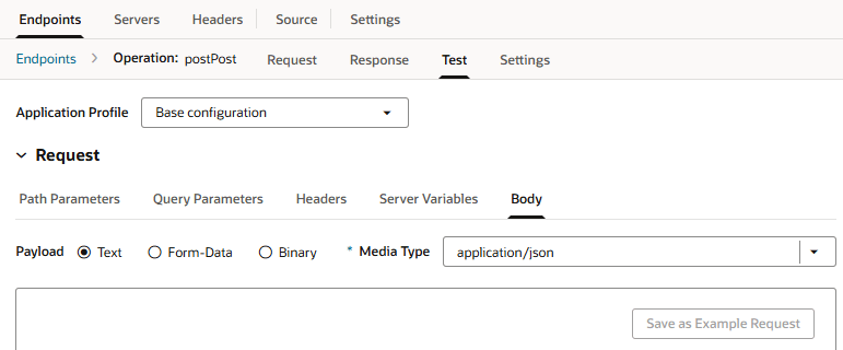 テスト・タブの下の本文パネルからペイロード選択オプションを示すスクリーンショット テスト・タブの下の本文パネルからペイロード選択オプションを示すスクリーンショット
