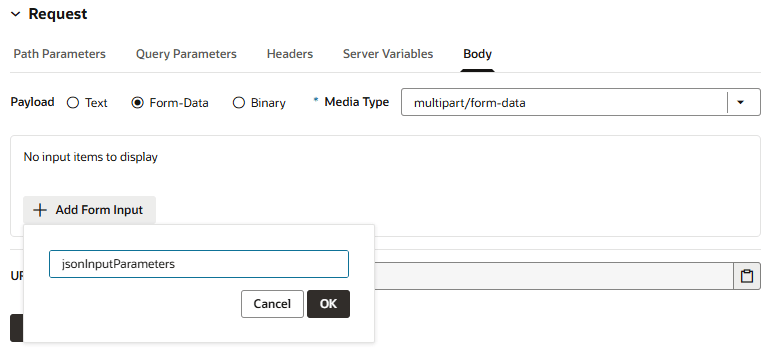 選択したフォーム・データ・ペイロード・オプション、マルチパート/フォーム・データに設定されたメディア・タイプおよびデータ値の入力要素を定義するオープン・フォームを示すスクリーンショット 選択したフォーム・データ・ペイロード・オプション、マルチパート/フォーム・データに設定されたメディア・タイプおよびデータ値の入力要素を定義するオープン・フォームを示すスクリーンショット