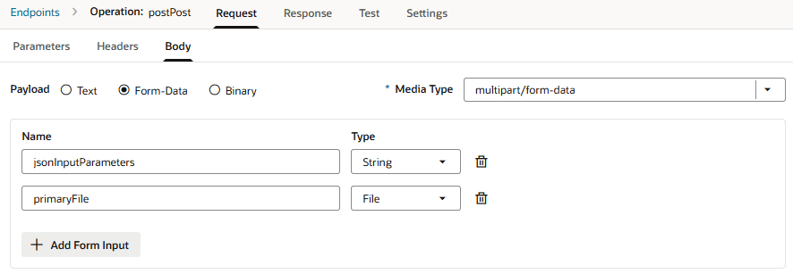 作成されたjasonInputParameters (文字列)およびprimaryFile (ファイル)フォーム要素を示すスクリーンショット 作成されたjasonInputParameters (文字列)およびprimaryFile (ファイル)フォーム要素を示すスクリーンショット
