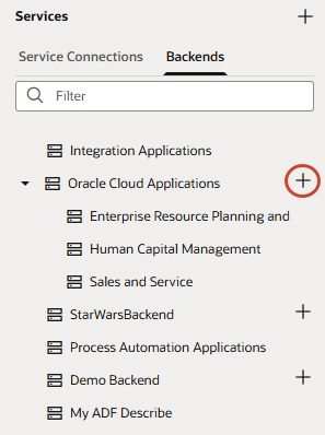 イメージは、「バックエンド」タブのバックエンドのリスト(Oracle Cloudアプリケーションを含む)を示しています。 Oracle Cloudアプリケーションの横にある+記号が強調表示されています。 