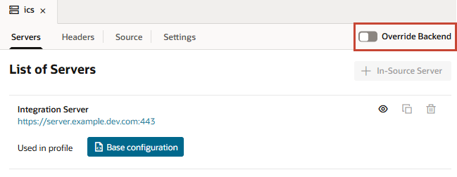 この図は、選択したバックエンドの詳細を示しています。 各種タブ(概要、サーバー、ヘッダーおよびソース)をクリックして詳細を表示できます。 「サーバー」タブ(イメージで選択)には、テナント設定から継承したサーバーのリストと、情報の表示、コピーおよび削除のオプションが表示されます。 バックエンドの上書きボタンも表示されます。 