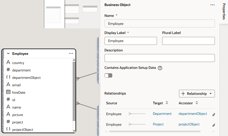 このイメージは、Employeeビジネス・オブジェクトが選択されているビジネス・オブジェクト・ダイアグラムを示しています。 従業員ビジネス・オブジェクトのすべての関係が右側の関係領域に表示されます。 