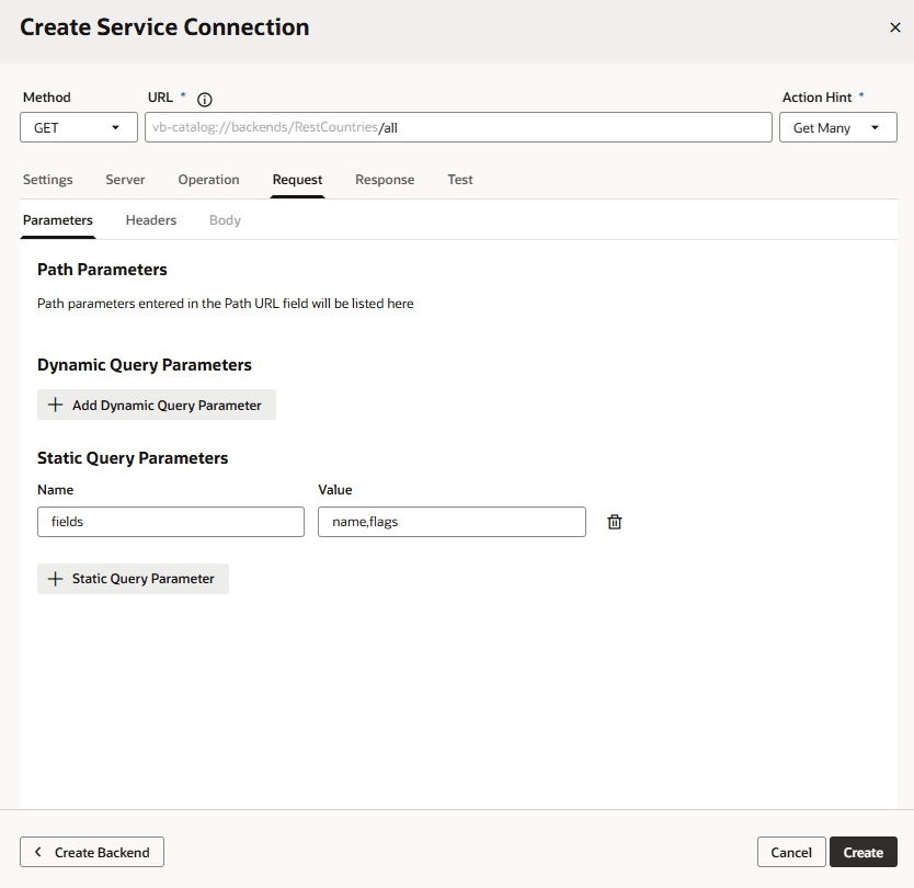 サービス接続の作成ダイアログ