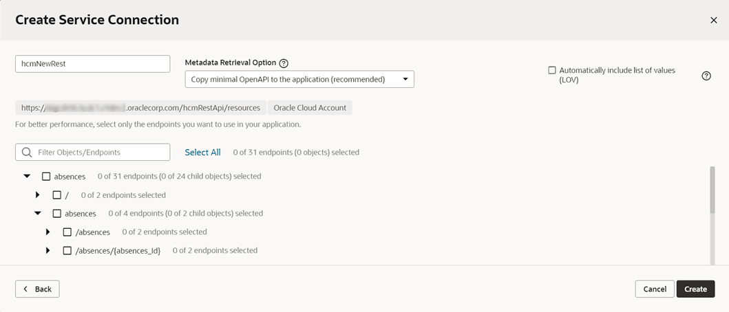 hcmNewRestサービス接続の休暇欠勤リソースの選択肢を示す「エンドポイントの選択」ダイアログ。 hcmNewRestサービス接続の休暇欠勤リソースの選択肢を示す「エンドポイントの選択」ダイアログ。