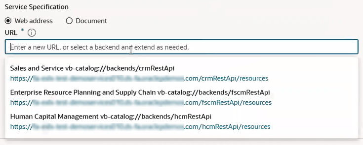 「サービス接続の作成」ウィザードの「サービス仕様」セクションの「URL」フィールドのドロップダウンには、CRM、FSCMおよびHCMの選択肢とともに選択されたWebアドレスが表示されます。 「サービス接続の作成」ウィザードの「サービス仕様」セクションの「URL」フィールドのドロップダウンには、CRM、FSCMおよびHCMの選択肢とともに選択されたWebアドレスが表示されます。