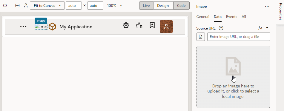 イメージは、アプリケーション・ヘッダーに空のイメージ・コンポーネントを示しています。 右側のプロパティ・ペインのデータ・タブには、ロゴのイメージをドラッグ・アンド・ドロップできる場所が表示されます。 