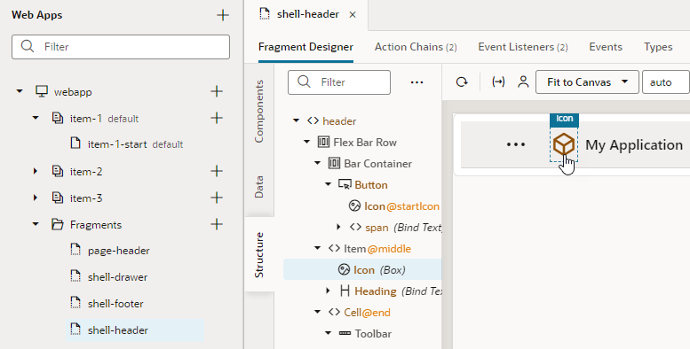 イメージは、ページ・デザイナで開いているwebアプリケーション・シェル・ヘッダー・フラグメントを示しています。 ヘッダーのアイコン・コンポーネントが選択されています 