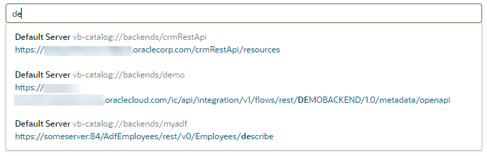 サービス接続の作成時に表示されるバックエンドのリスト