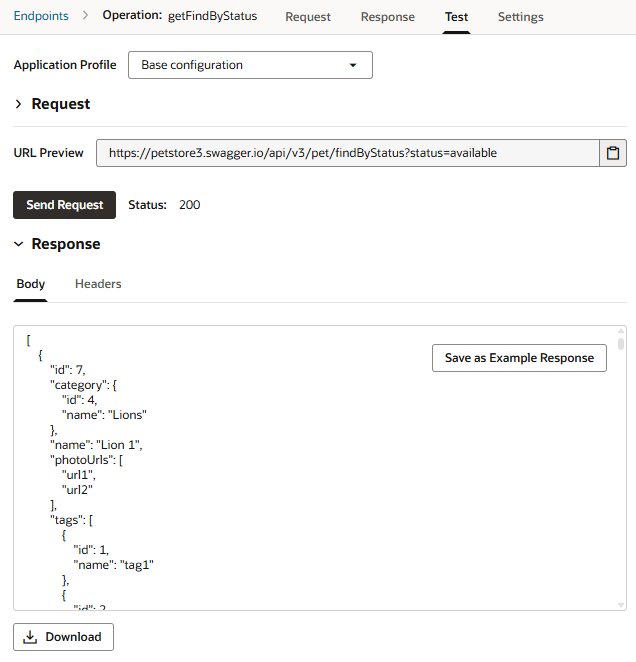 レスポンス・テキスト・ペイロードを保存するためのダウンロード・ボタンが表示されたエンドポイントのテスト・タブを示すスクリーンショット。 レスポンス・テキスト・ペイロードを保存するためのダウンロード・ボタンが表示されたエンドポイントのテスト・タブを示すスクリーンショット。