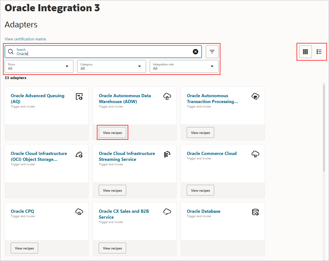 アダプタ・ページのカード・ビューが表示されます。 赤いボックスには、検索バー、フィルタリング・オプション、カード・ビューとリスト・ビューを切り替えるためのボタン、レシピが関連付けられているすべてのアダプタに表示される「レシピの表示」ボタンなどの主要な機能が強調表示されます。 
