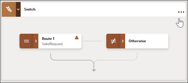 switchアクションは2つのブランチを示しています: Route1以外。 どちらも崩壊した。 右上隅の「アクション」メニューが選択されています。 