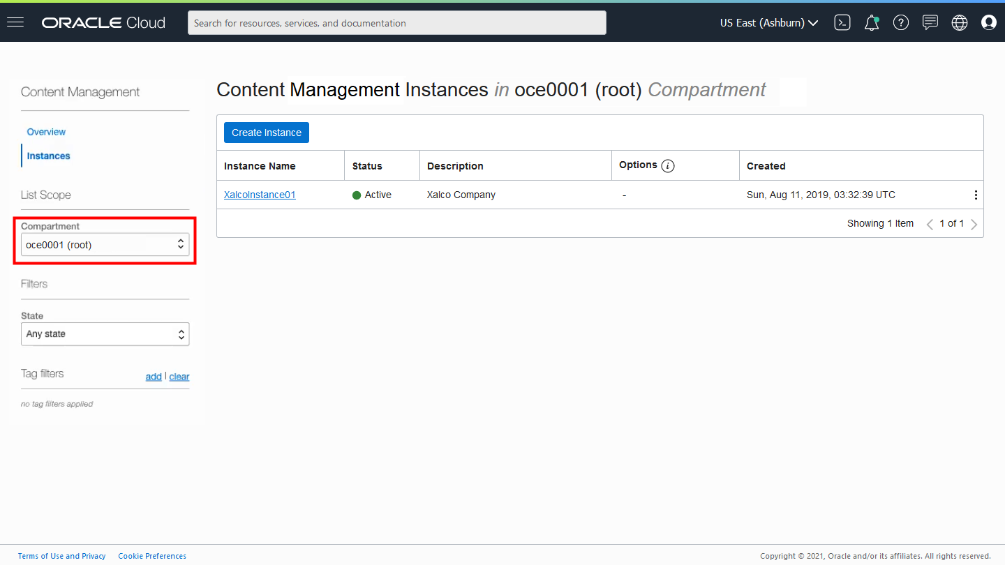 コンパートメントの選択によるContent and Experienceインスタンス・ページ コンパートメントの選択によるContent and Experienceインスタンス・ページ