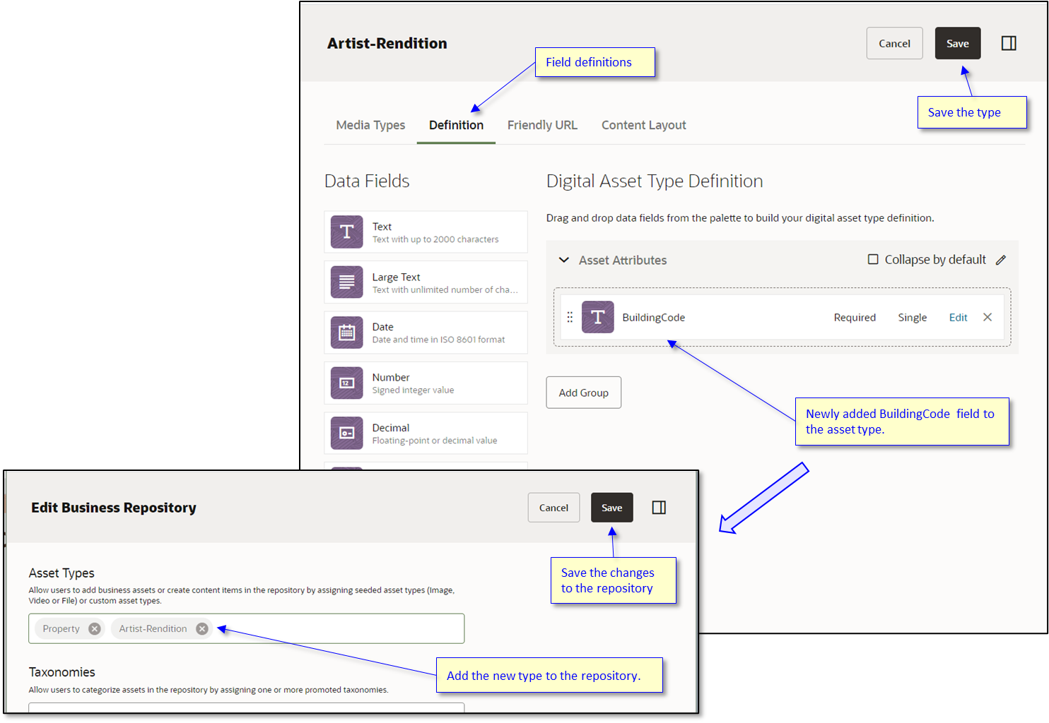 Visualization of the process of adding the BuildingCode field to the asset type. Visualization of the process of adding the BuildingCode field to the asset type.