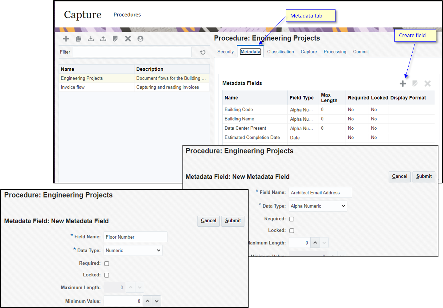 Adding the floor number and sender's email address metadata fields to the Engineering Project procedure. Adding the floor number and sender’s email address metadata fields to the Engineering Project procedure.