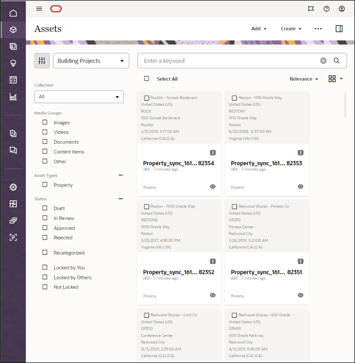 Building Projects asset repository in the Oracle Content Management web application with new content items. Building Projects asset repository in the Oracle Content Management web application with new content items.