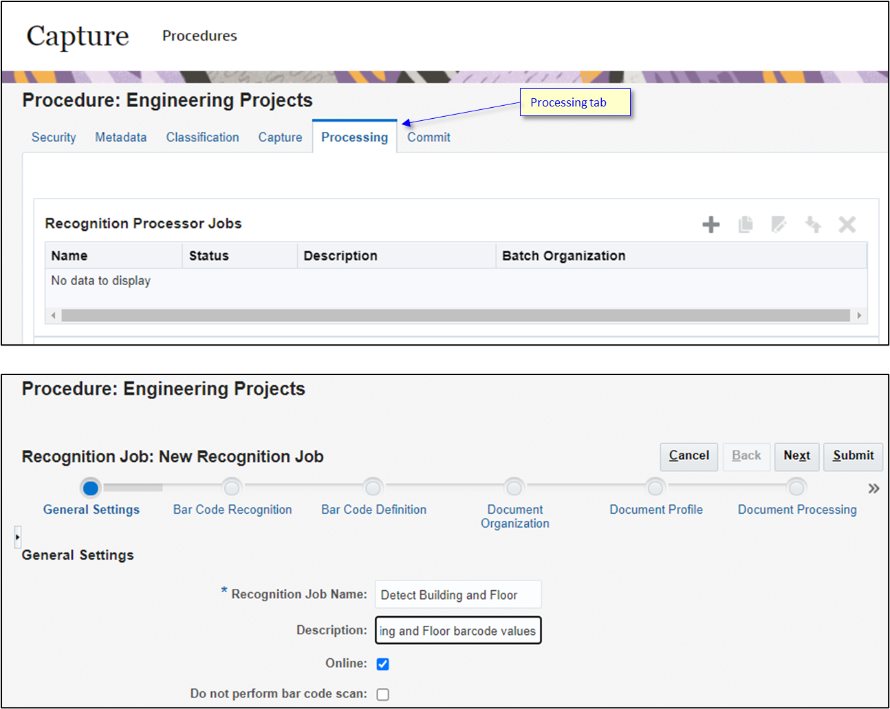 Creating a barcode recognition job. Creating a barcode recognition job.
