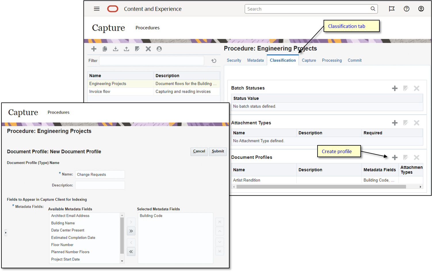 Creating a document profile for change requests in the Content Capture administration web interface. Creating a document profile for change requests in the Content Capture administration web interface.