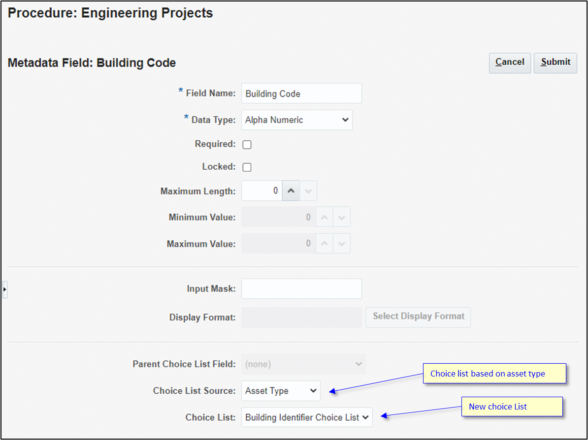 Assign the choice list to the Building Code metadata field. Assign the choice list to the Building Code metadata field.