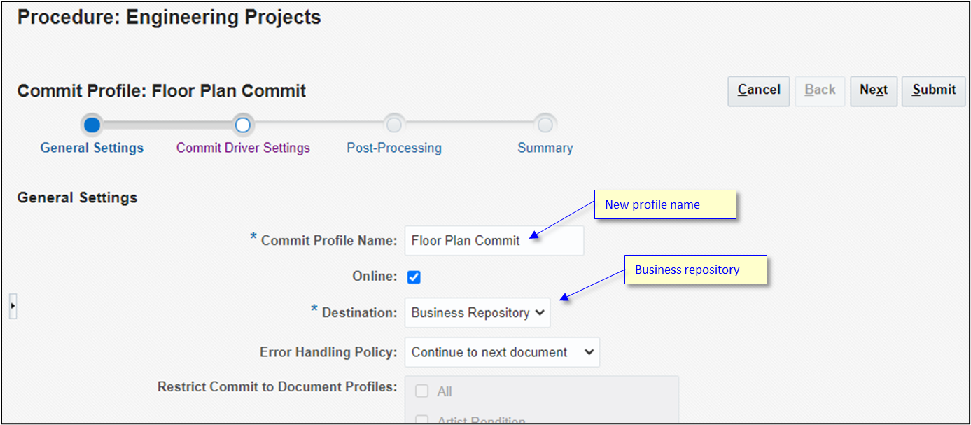 Committing floor plan documents to Oracle Content Management. Committing floor plan documents to Oracle Content Management.