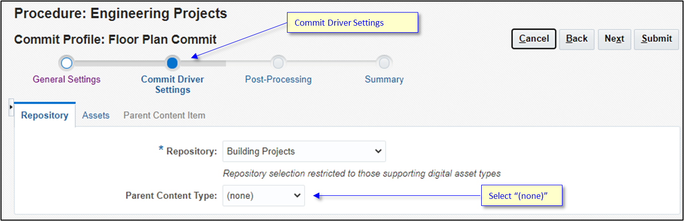 Committing floor plan documents to Oracle Content Management. Committing floor plan documents to Oracle Content Management.