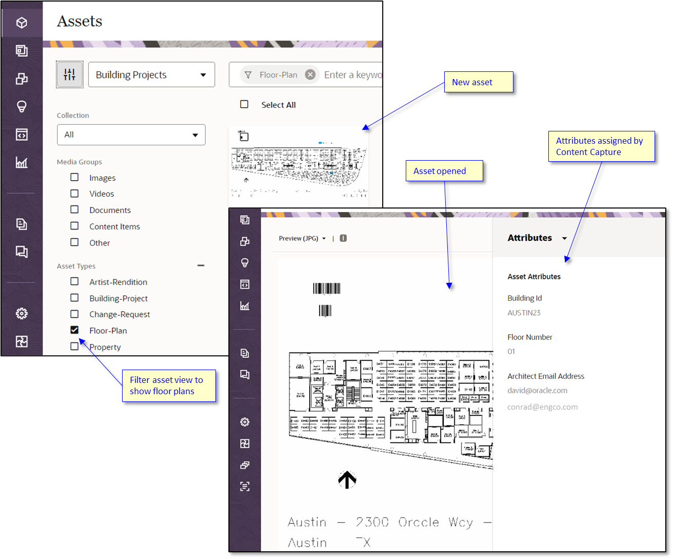 Committing floor plan documents to Oracle Content Management. Committing floor plan documents to Oracle Content Management.