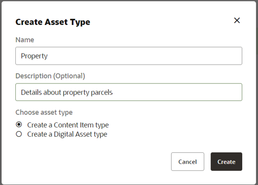 Create Asset Type dialog. Create Asset Type dialog.