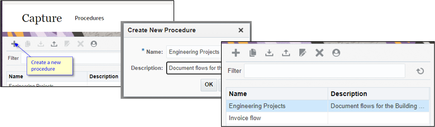 Visualization of process to create a new content capture procedure called 'Engineering Projects'. Visualization of process to create a new content capture procedure called ‘Engineering Projects’.