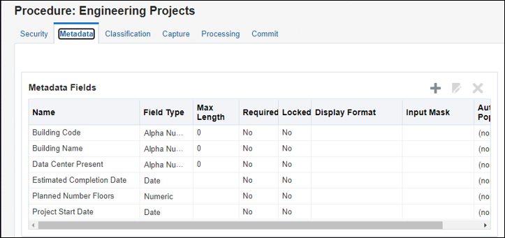 Metadata Fields table, with all defined metadata fields. Metadata Fields table, with all defined metadata fields.