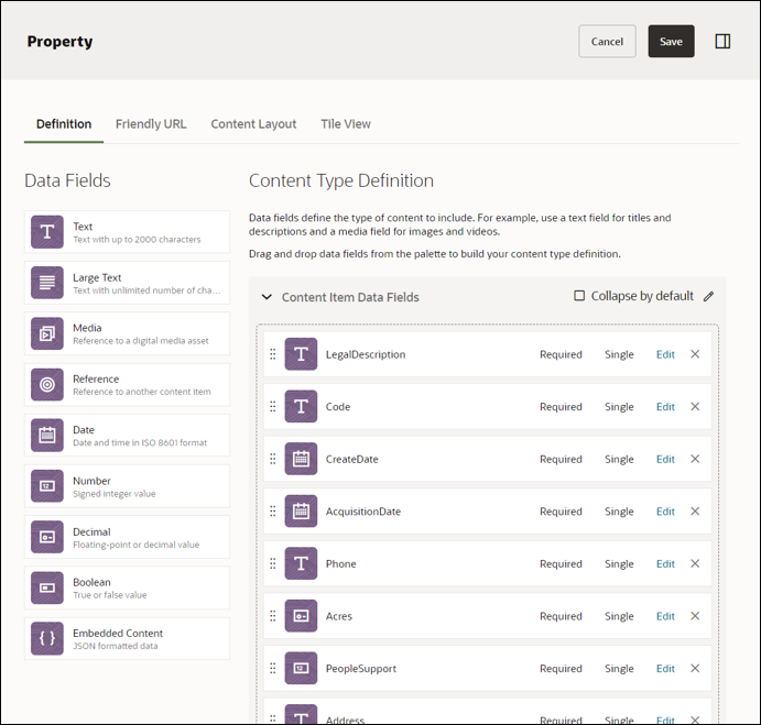 Definition window for Property content item type, with the various metadata fields. Definition window for Property content item type, with the various metadata fields.