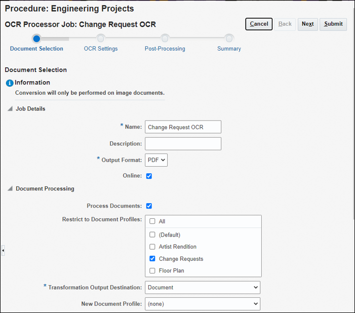 Create an OCE processor job. Create an OCE processor job.