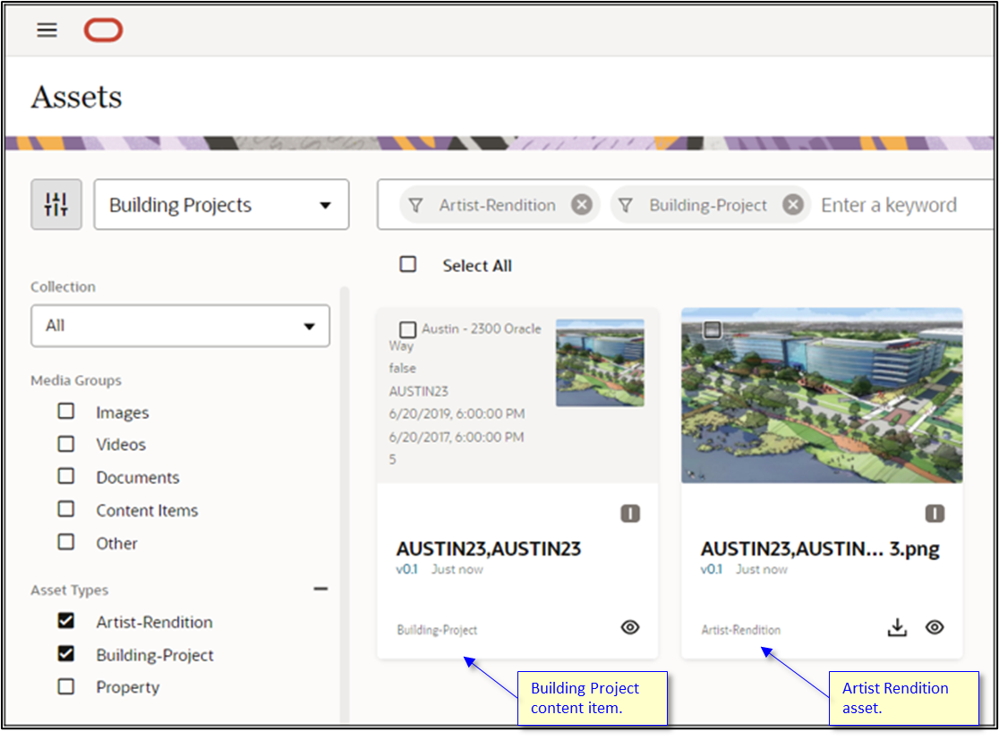 Screenshot of the Assets view in Oracle Content Management. Screenshot of the Assets view in Oracle Content Management.
